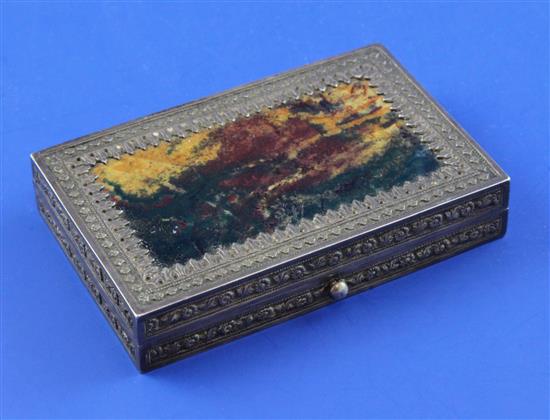 A late 19th/early 20th century Indian? silver mounted jasper snuff box, 3.75in approx.